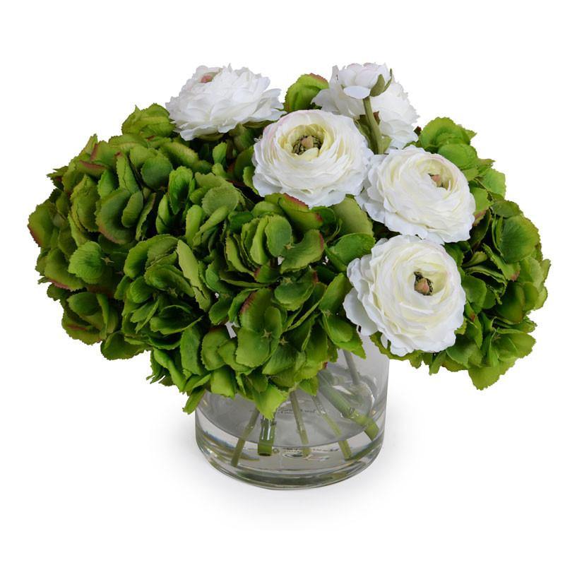 Hydrangea & Ranunculus in Glass 12"H Green