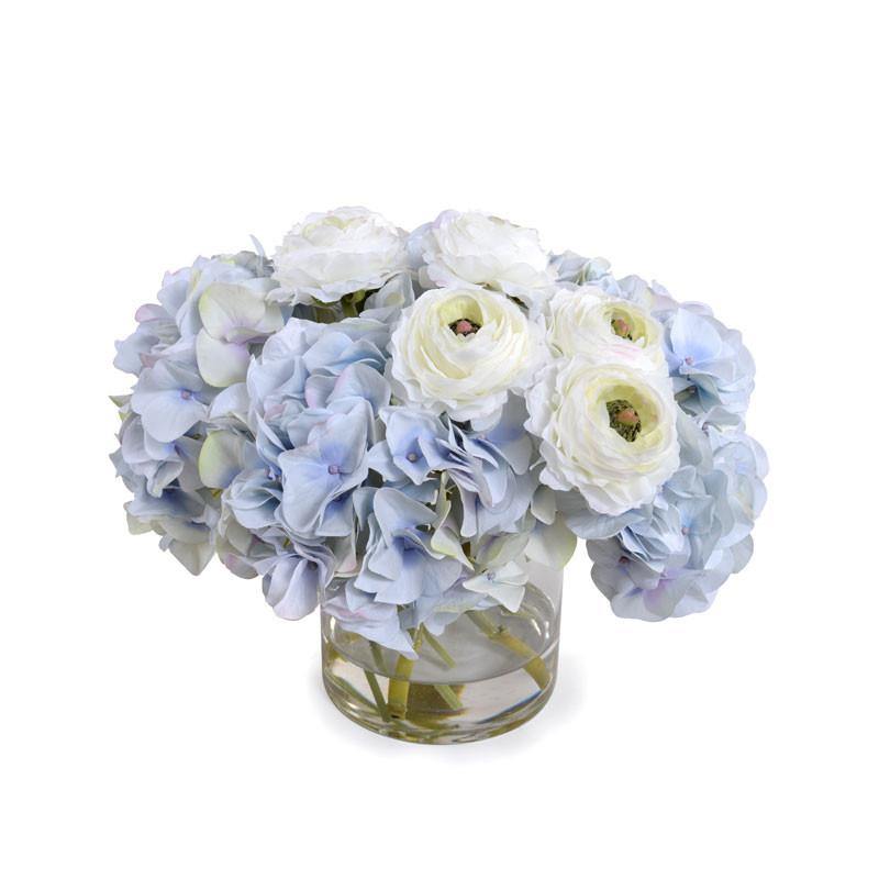 Hydrangea & Ranunculus in Glass 12"H Blue