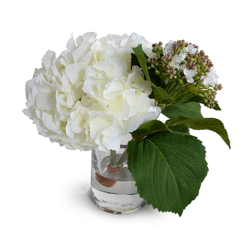 Hydrangea w/Bud Cutting in Glass 9"H Cream-white