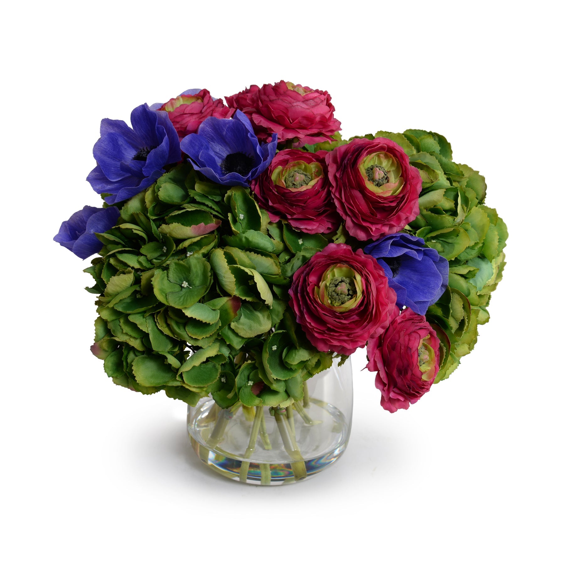 Hydrangea, Anemone & Ranunculus Arrangement in Glass 12"H