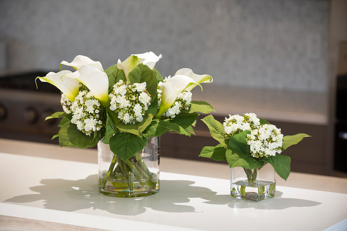 Calla Lily & Hydrangea Buds Arrangement 15"H White / Clear Glass Vase