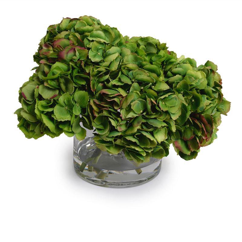 Hydrangea Arrangement in Glass 12"H Green