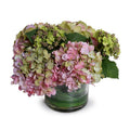 Hydrangea Bouquet in Leaf Lined Glass - Pink Green 12"H