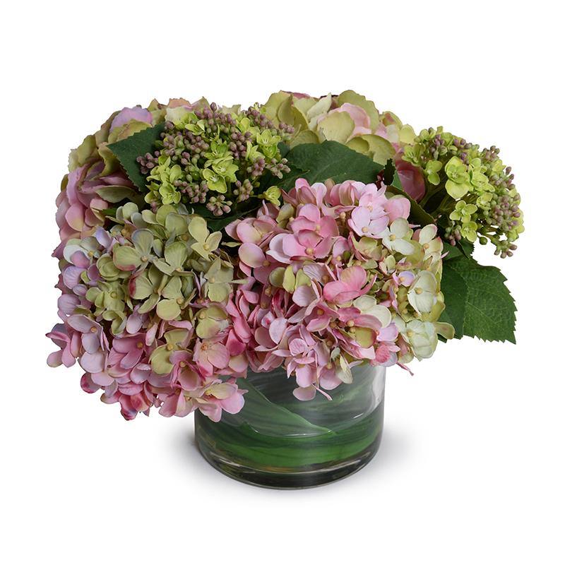 Hydrangea Bouquet in Leaf Lined Glass - Pink Green 12"H