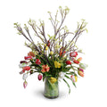 Mixed Tulips w/Branches in Leaf Lined Glass 44"H