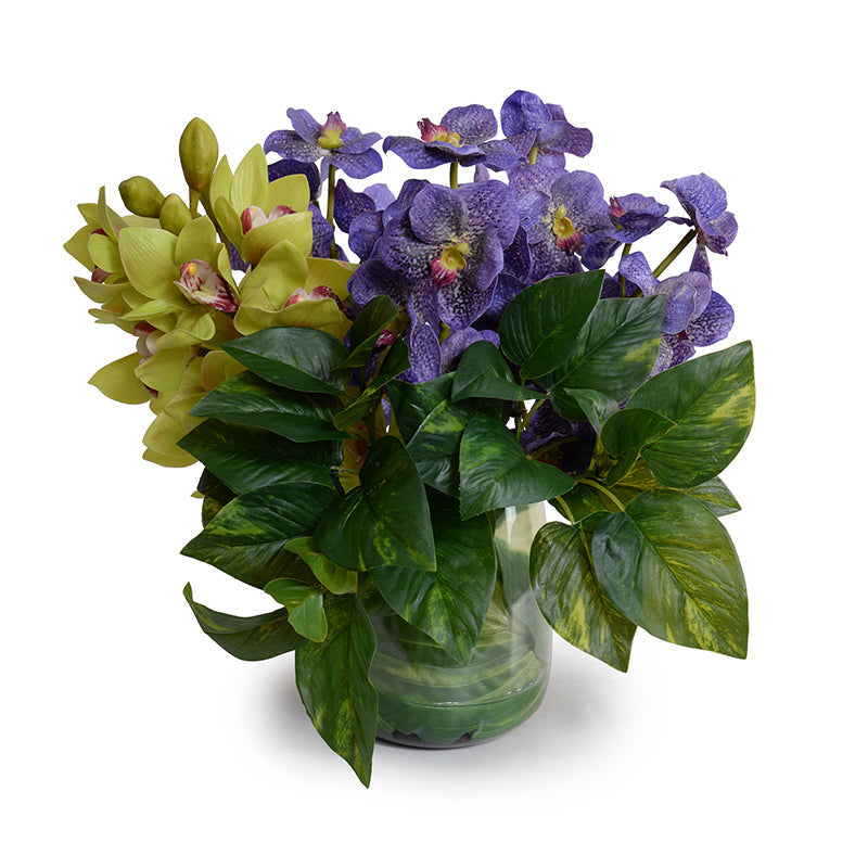 Vanda & Cymbidium Orchids in Leaf Lined Glass 15"H Purple