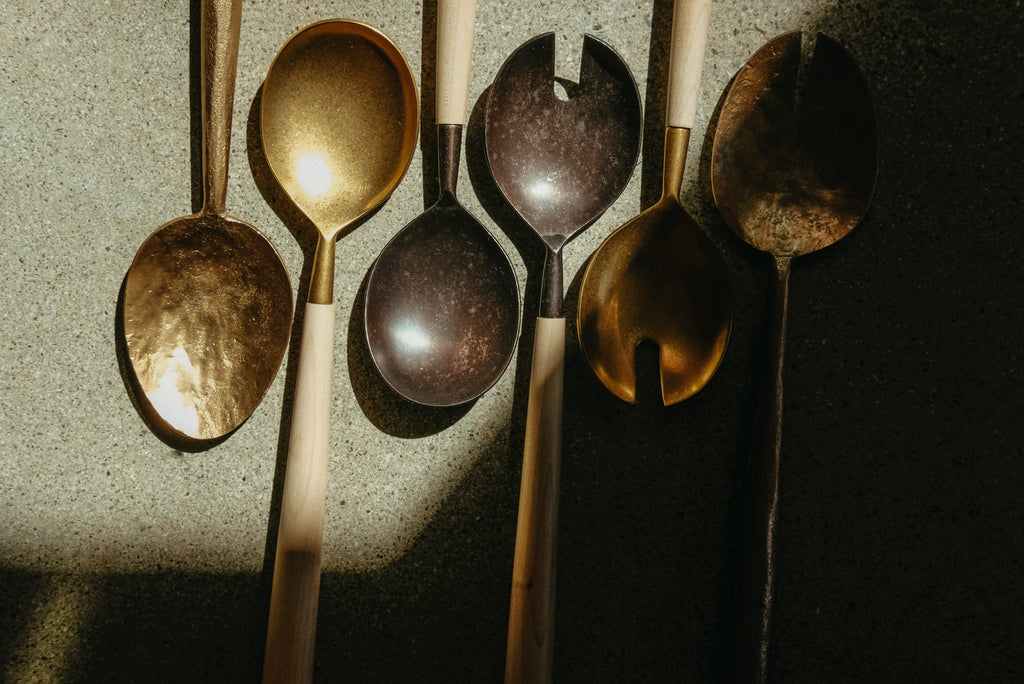 Maple Wood Salad Servers S/2, Tumbled Gold