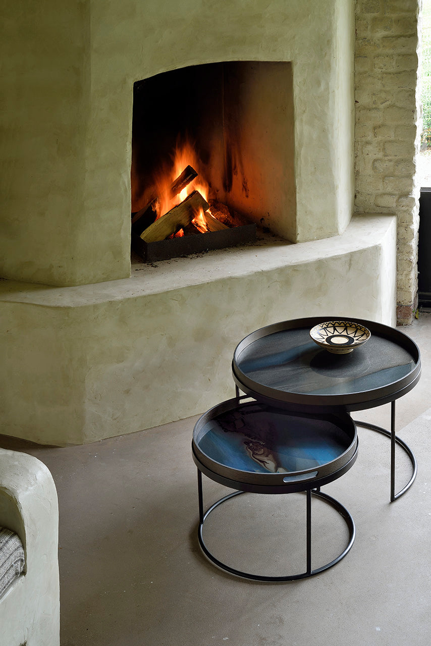 Tray Coffee Table Set | Varnished Wood | Black | Round | S/L | Trays Not Included