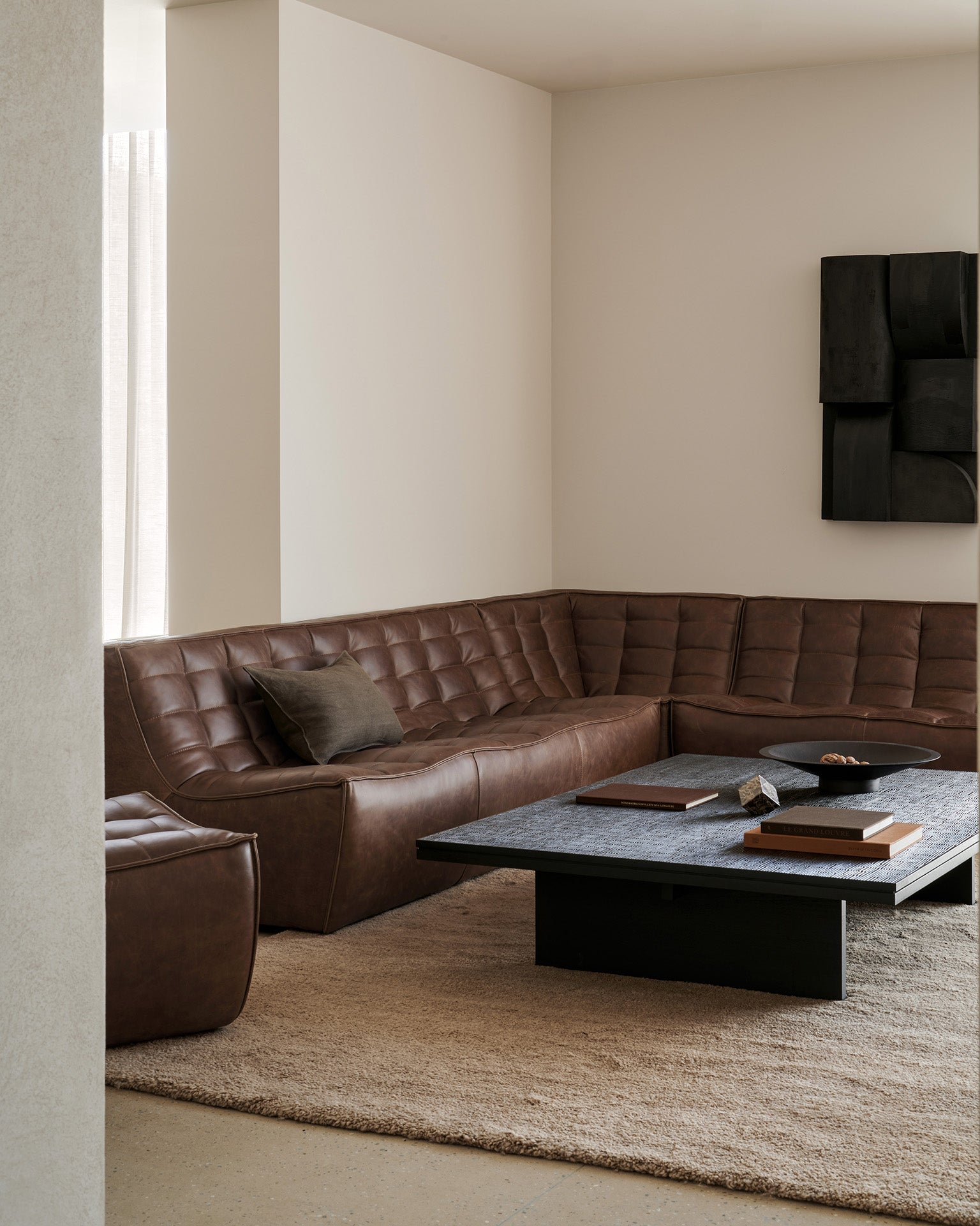 Grooves Coffee Table | Varnished Teak | Off Black | Rectangular | 67" X 47"