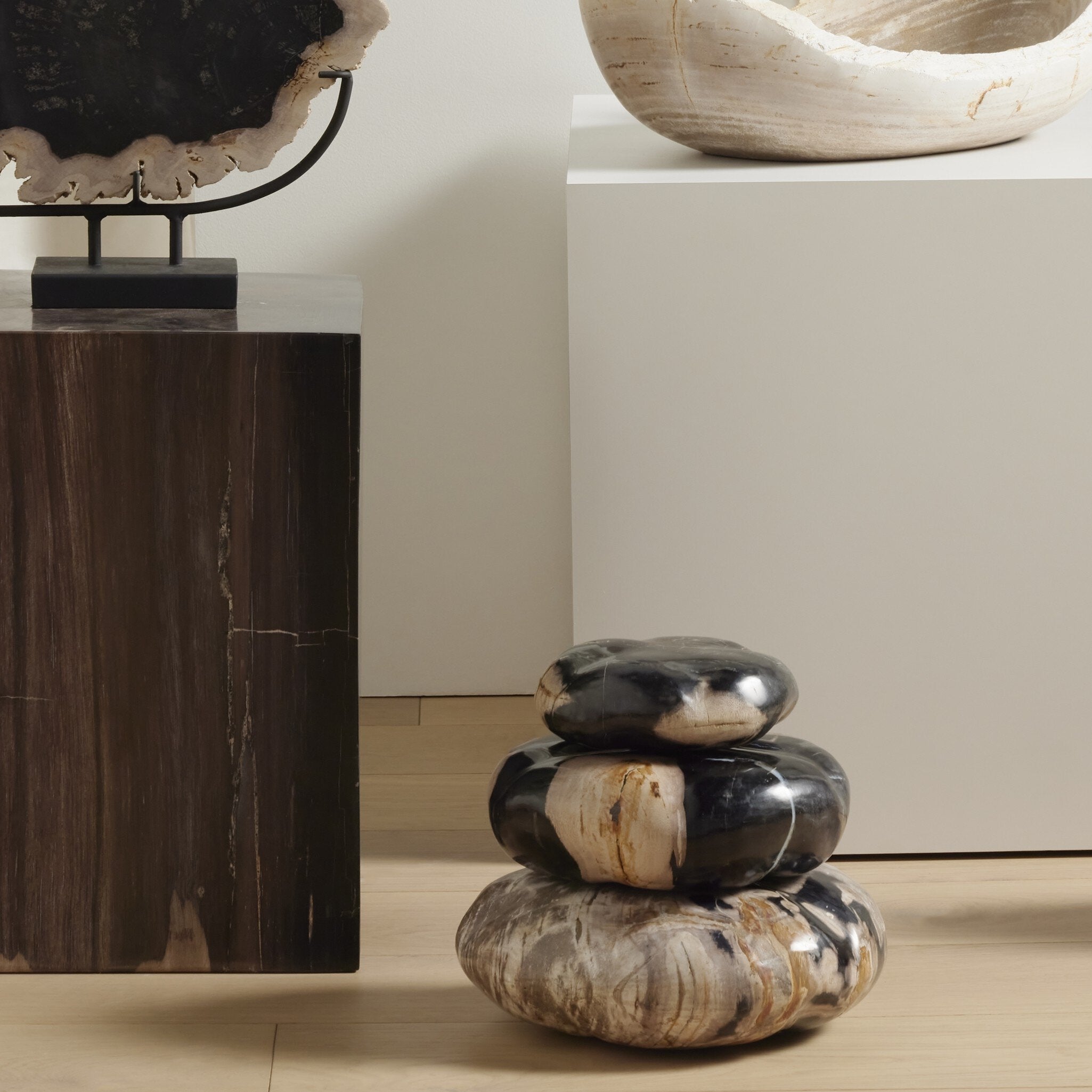 Petrified Wood Organic Sculpture, Set Of 3 - Dark Petrified Wood