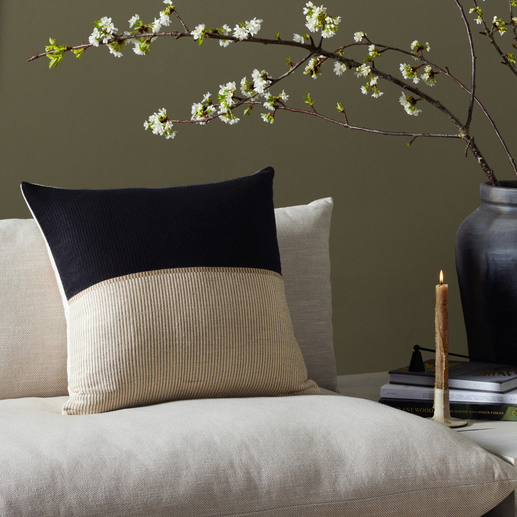 Handwoven Merido Pillow - Black - Beige Cotton
