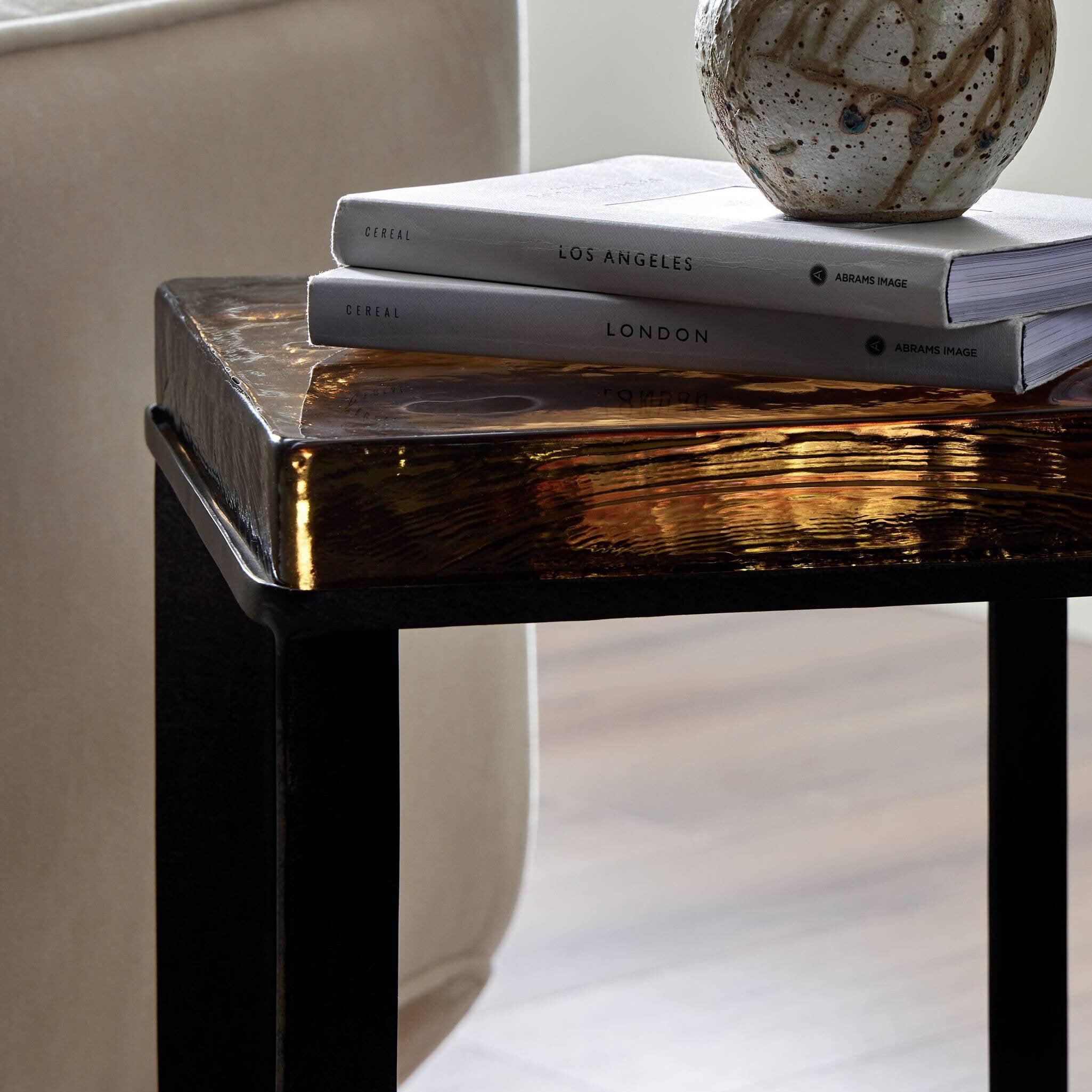 Lennie Cast Glass End Table - Amber Cast Glass