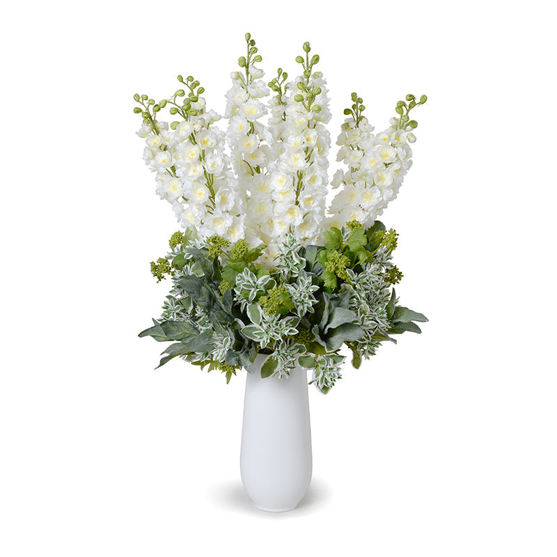 Delphinium Arrangement in Porcelain 34"H White / White