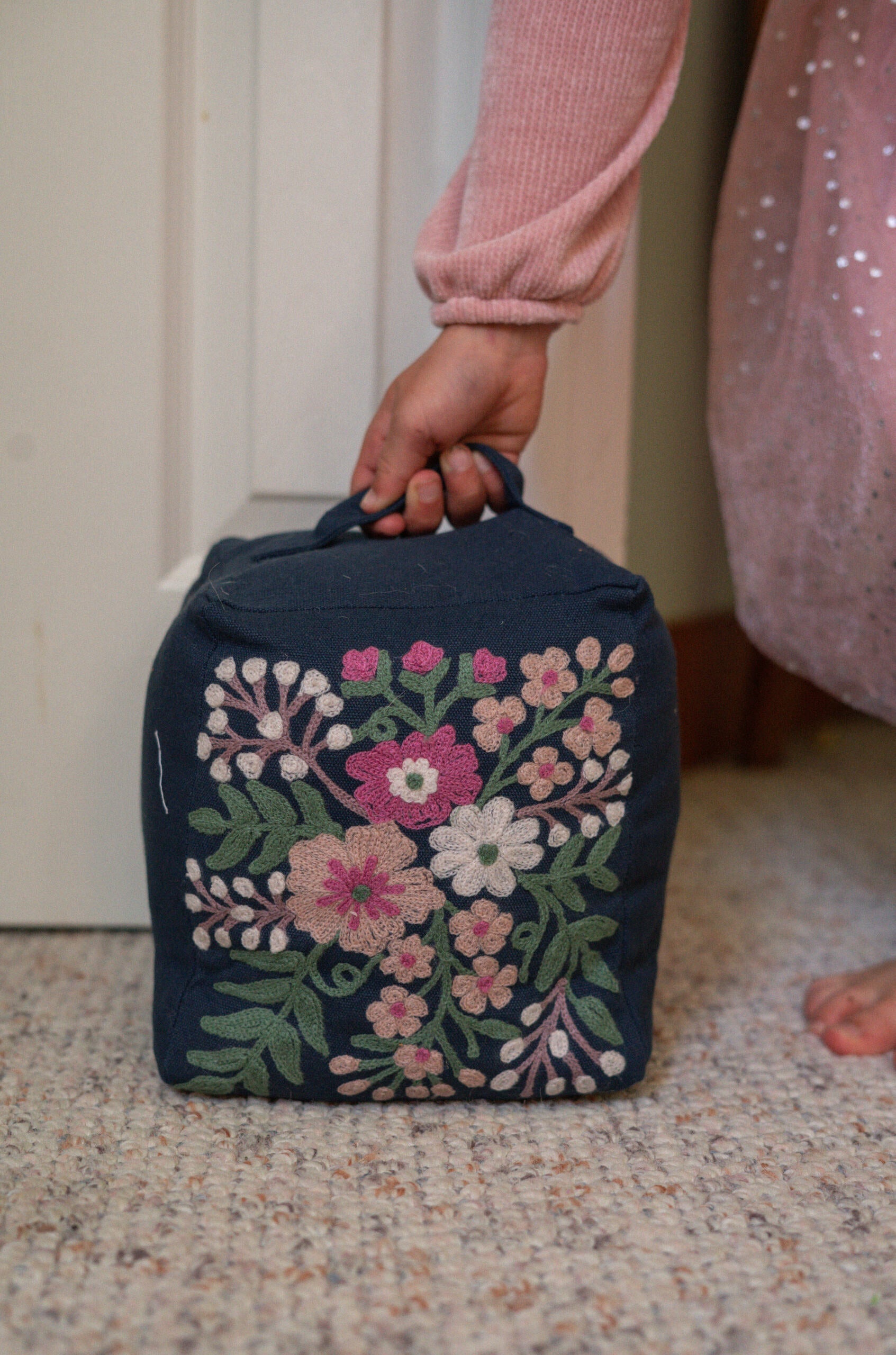 Embroidered Floral Doorstop, Blue