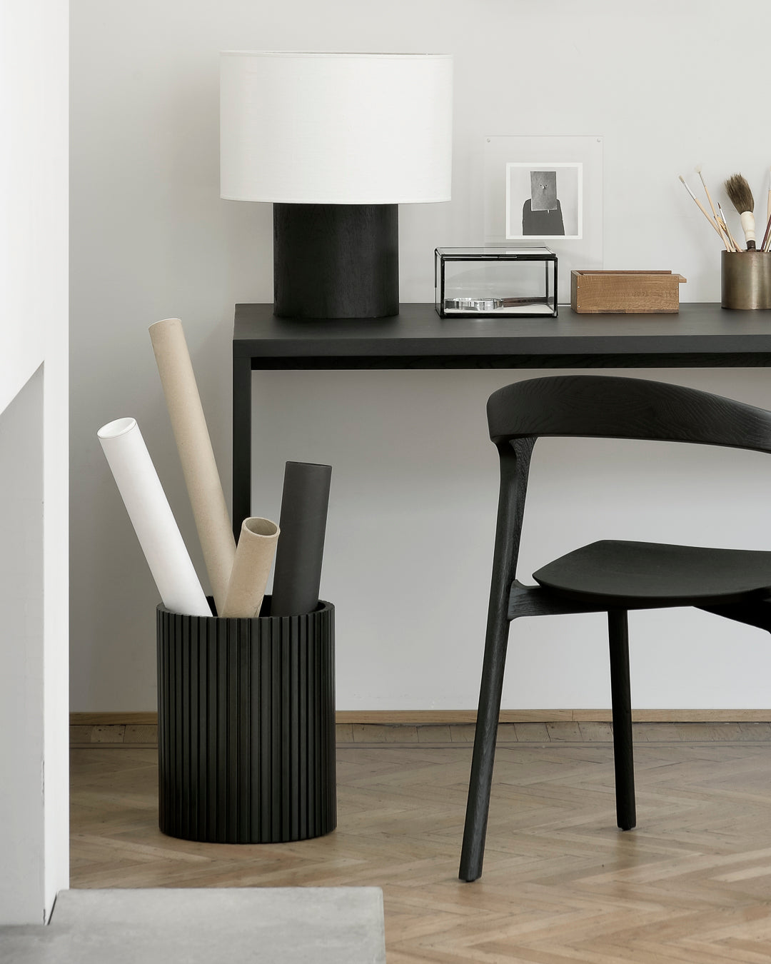 Roller Max Paper Basket | Varnished Mahogany | Black