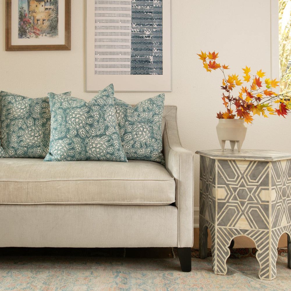 Sicily Teal on White Pillow