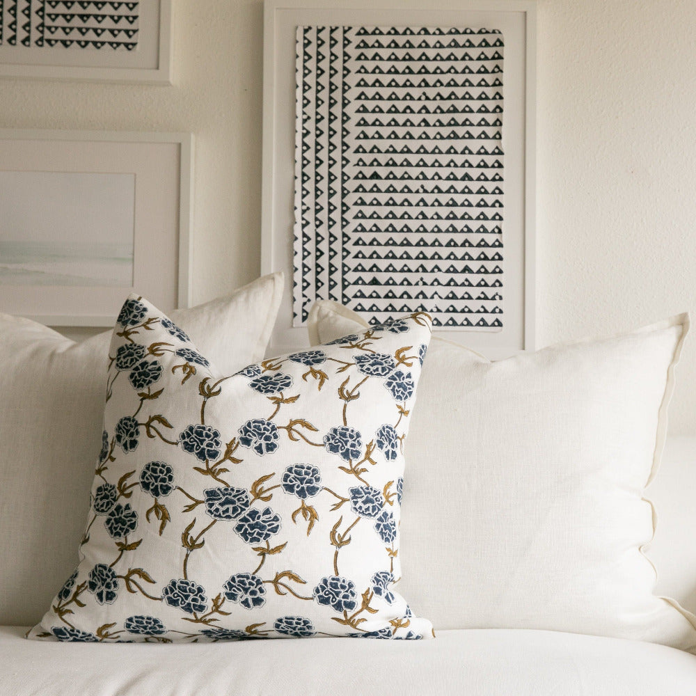 Modern Marigold Indigo on White Pillow