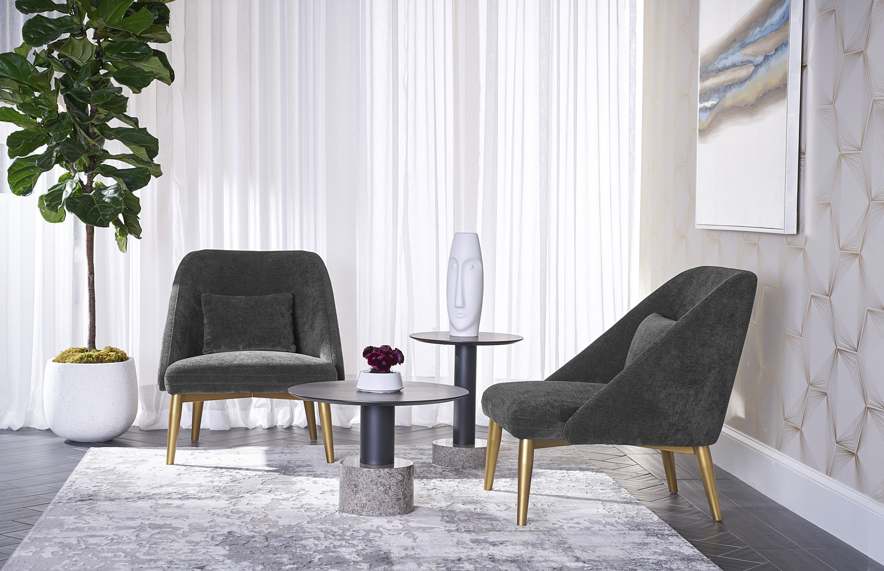 Monaco End Table - Black - Grey Marble / Raw Umber