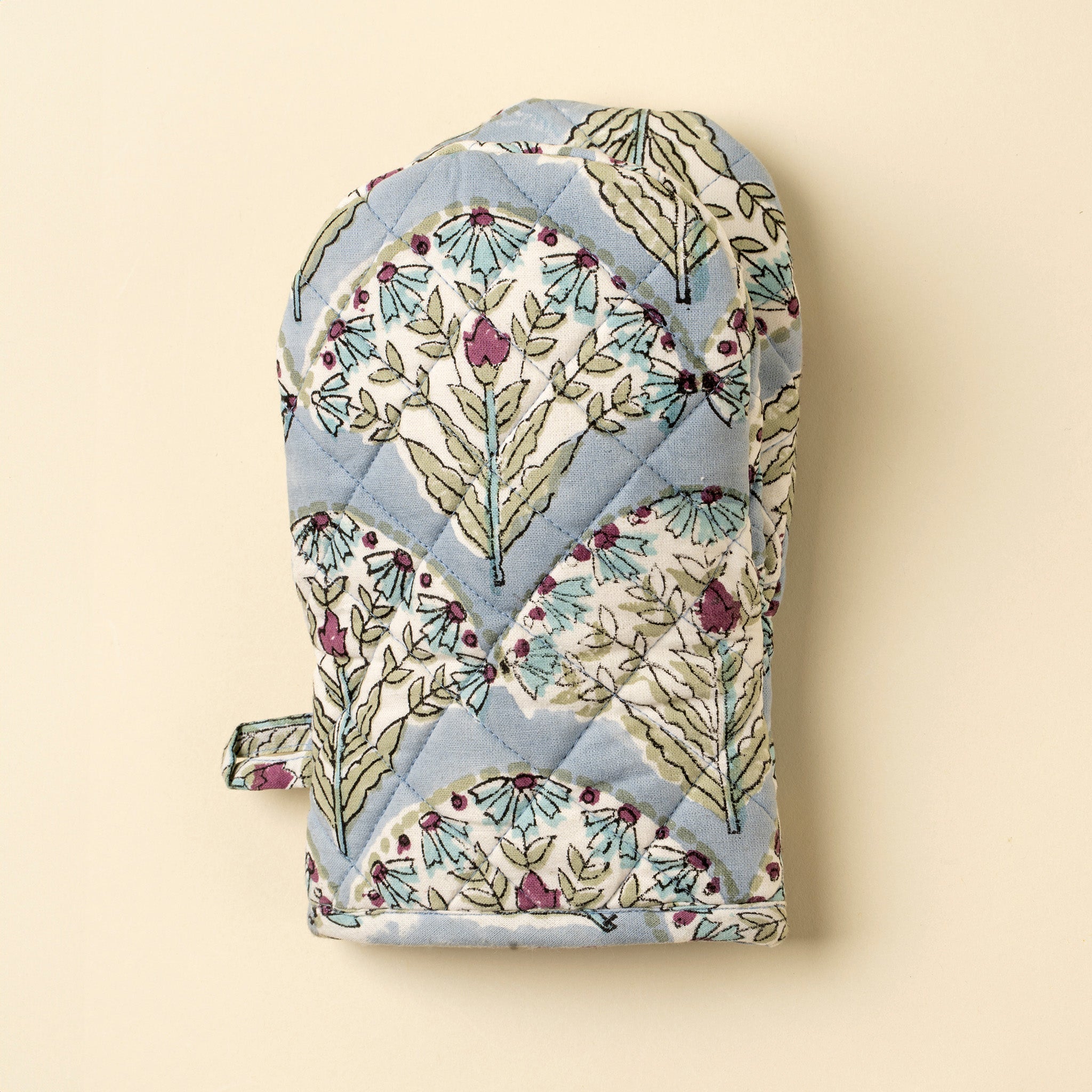 Sakura Block Print Oven Mitt, Blue