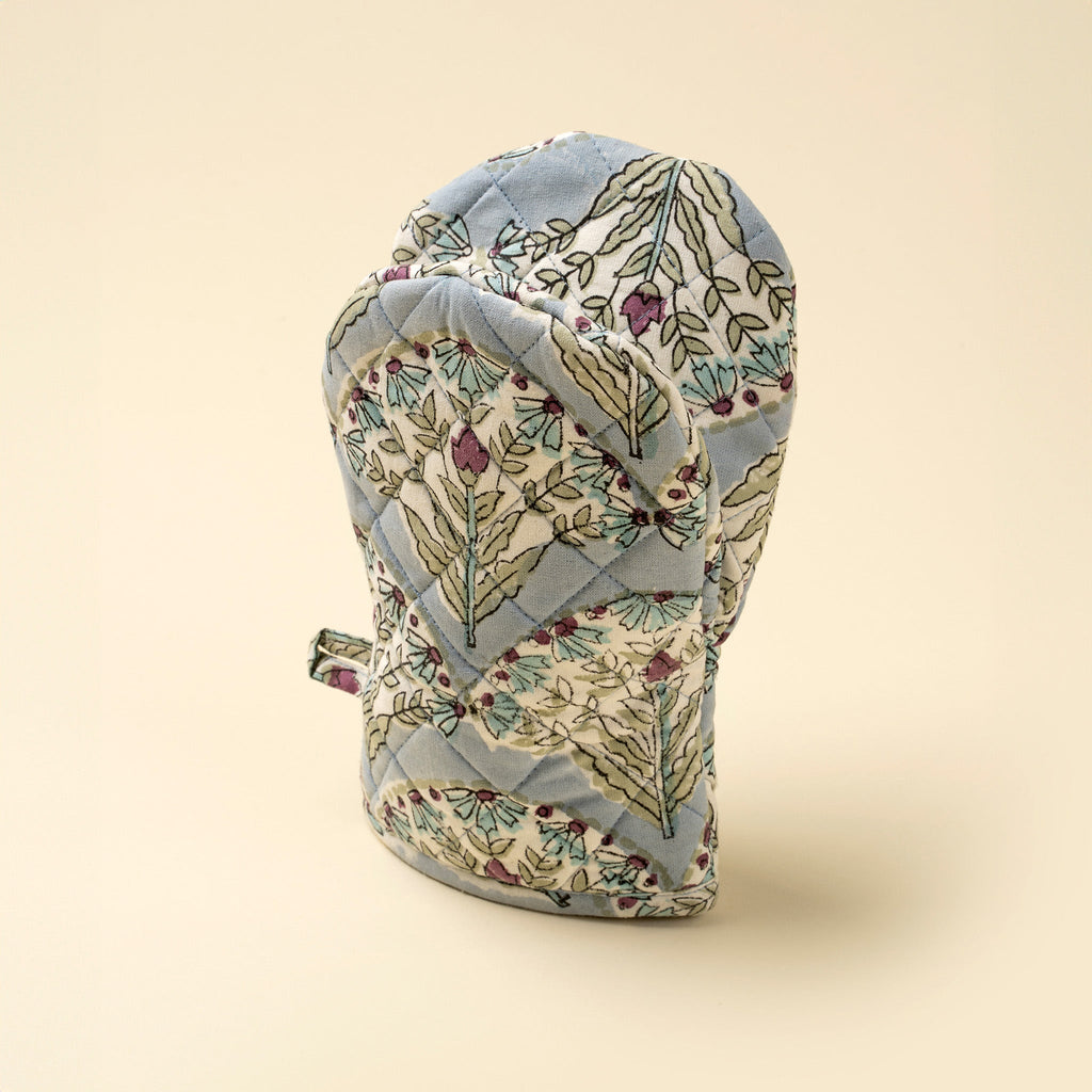 Sakura Block Print Oven Mitt, Blue