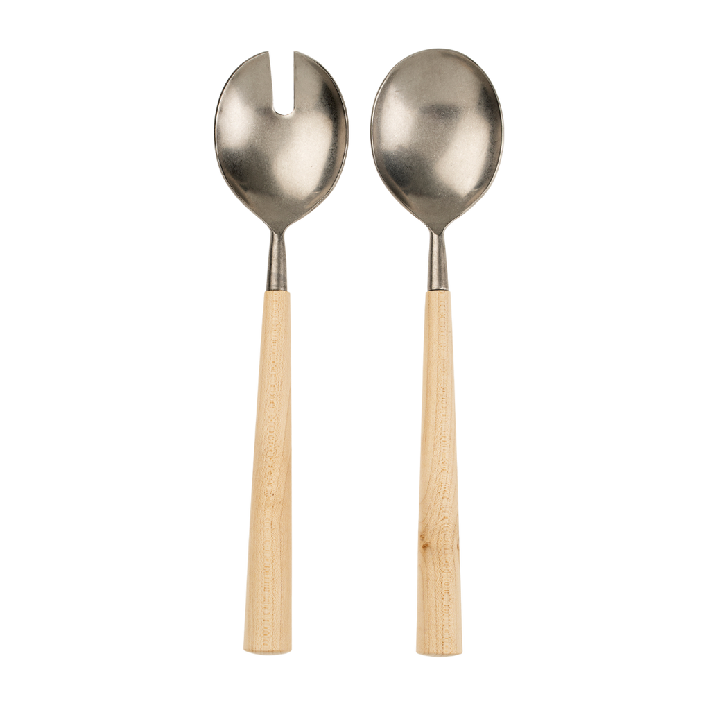 Maple Wood Salad Servers S/2, Tumbled Stainless