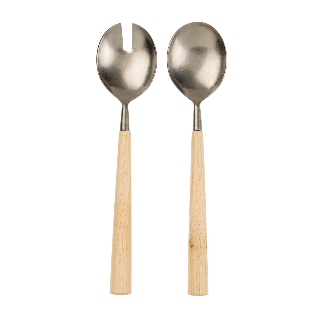 Maple Wood Salad Servers S/2, Tumbled Stainless