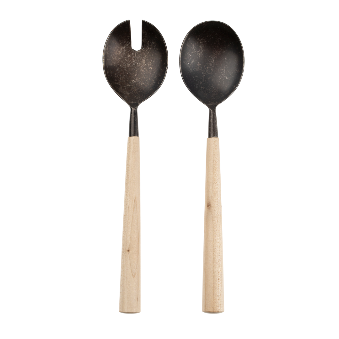 Maple Wood Salad Servers S/2, Tumbled Black