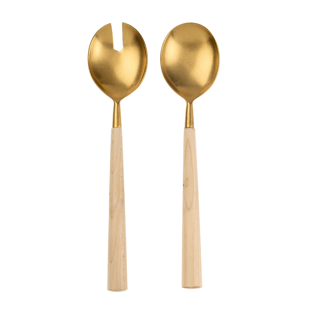 Maple Wood Salad Servers S/2, Tumbled Gold