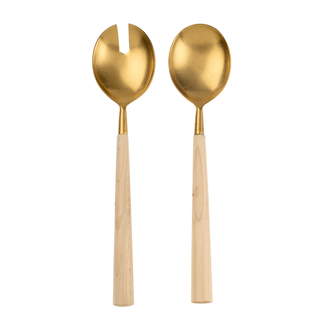 Maple Wood Salad Servers S/2, Tumbled Gold