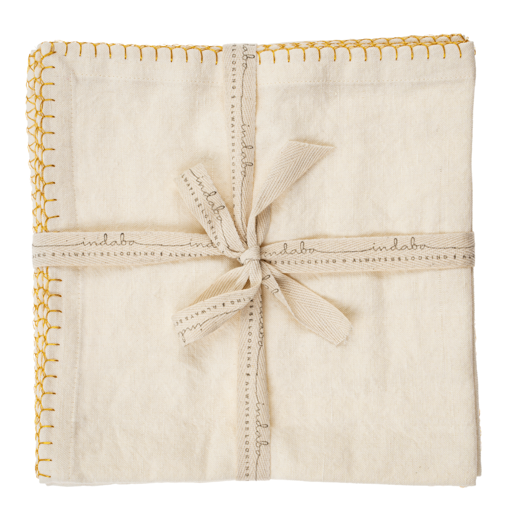 Gold Blanket Stitch Napkins S/4, Off-White
