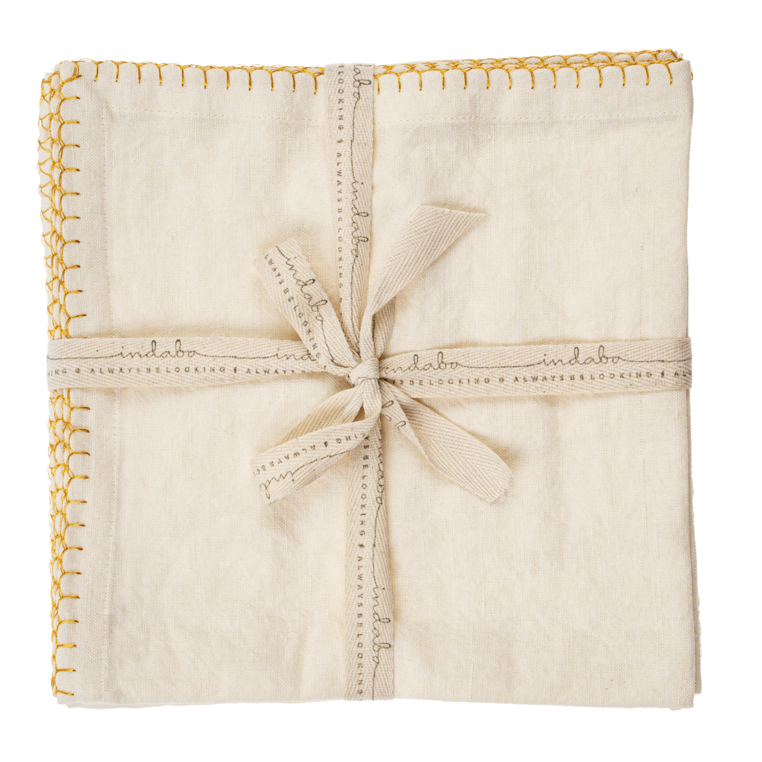Gold Blanket Stitch Napkins S/4, Off-White