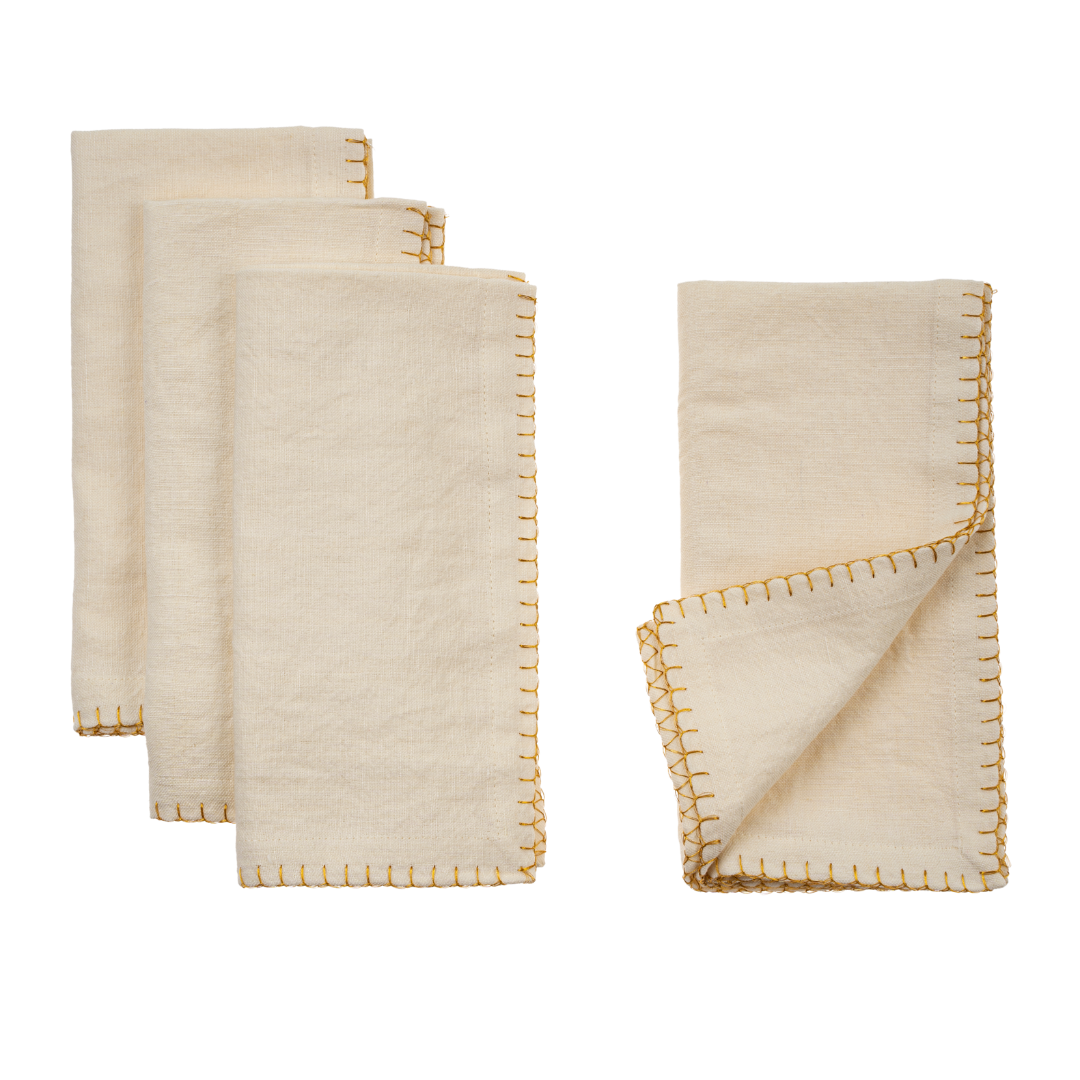 Gold Blanket Stitch Napkins S/4, Off-White
