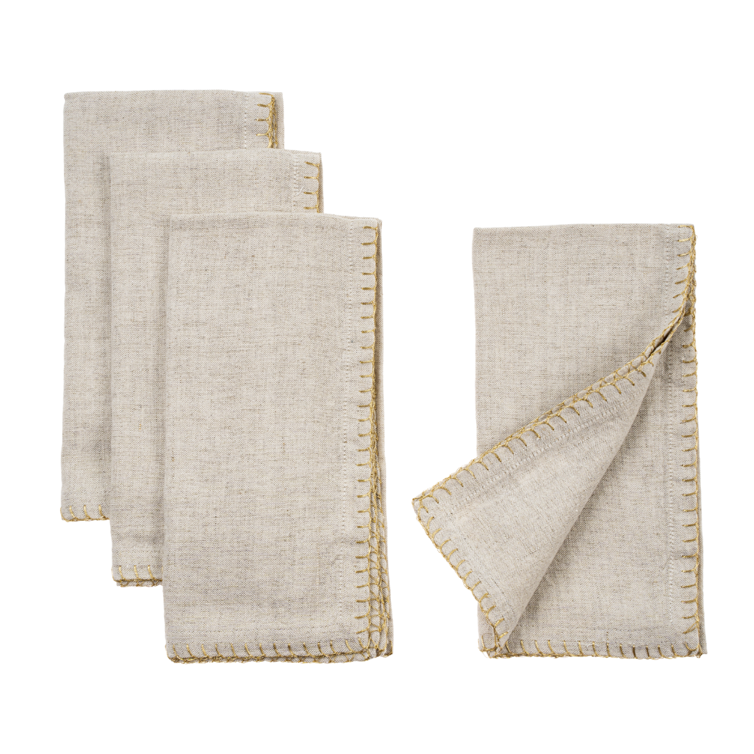 Gold Blanket Stitch Napkins S/4, Linen Grey
