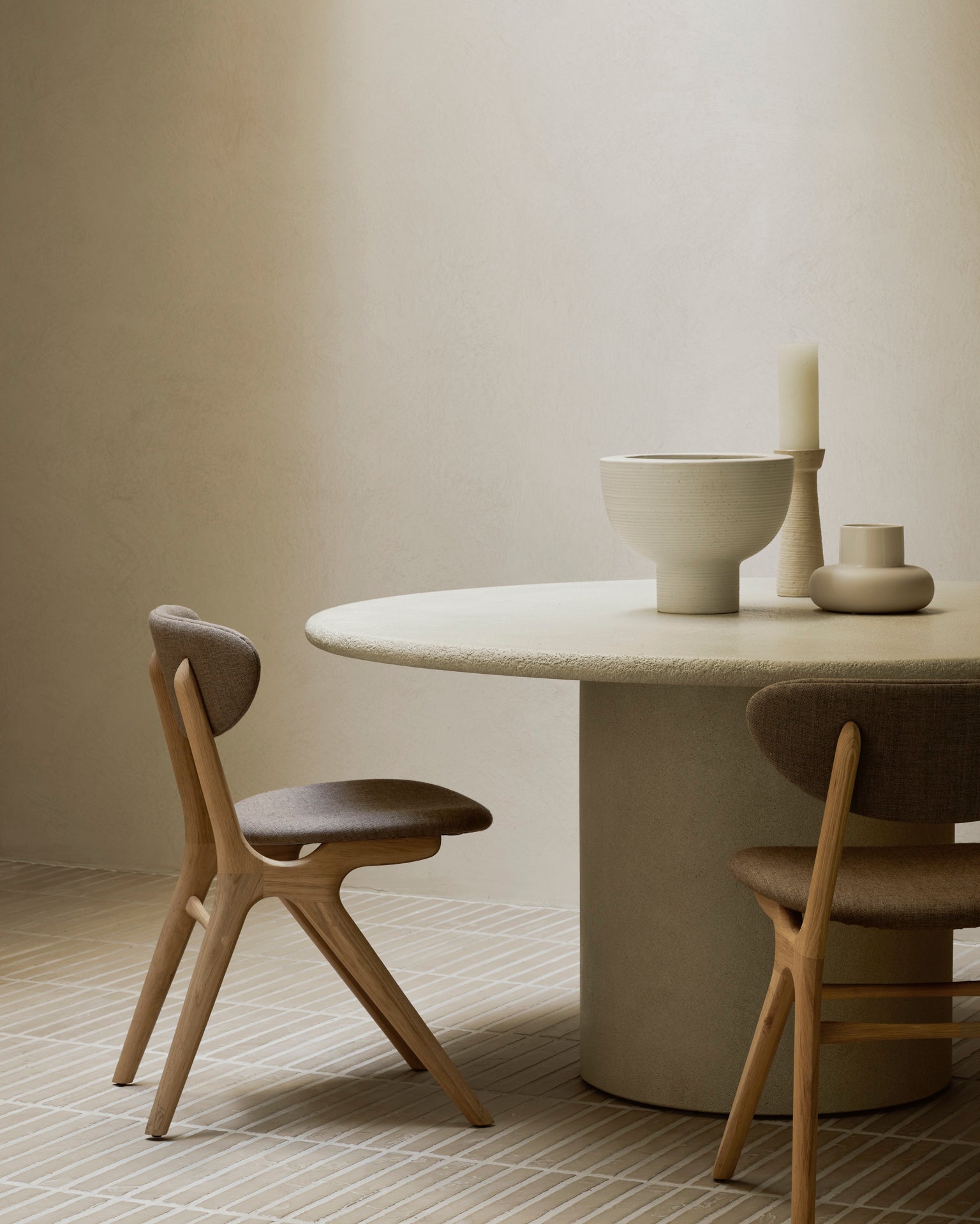 Eye Dining Chair | Varnished Oak | Warm Grey Fabric | Upholstered Backrest + Seat