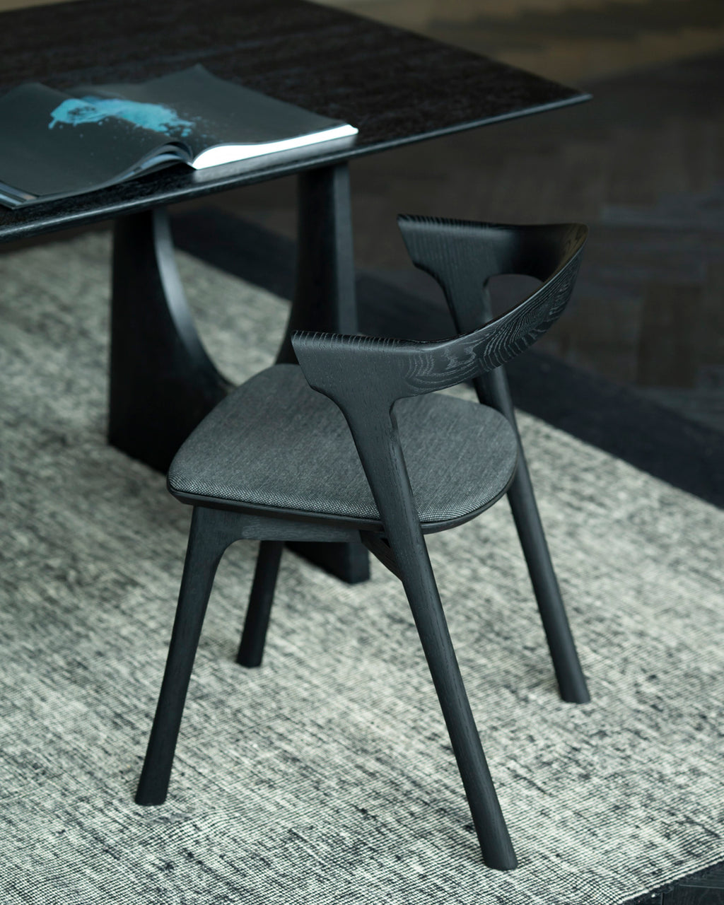 Bok Dining Chair | Varnished Oak | Black | Soft Black Fabric