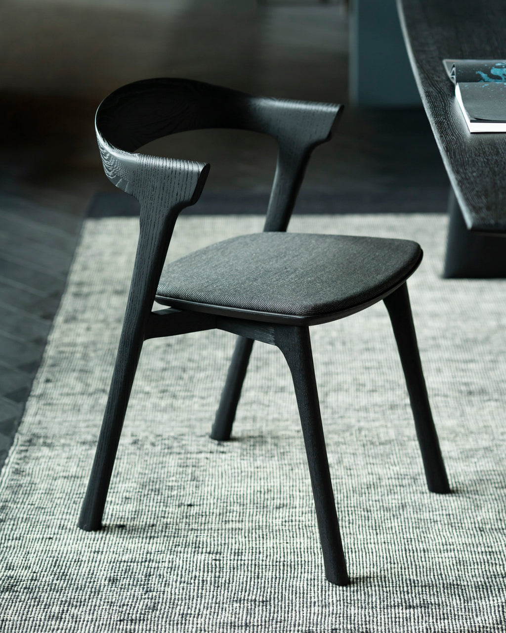 Bok Dining Chair | Varnished Oak | Black | Soft Black Fabric