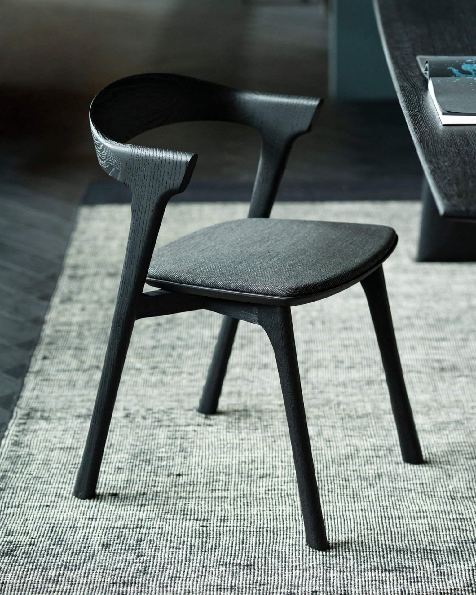 Bok Dining Chair | Varnished Oak | Black | Soft Black Fabric