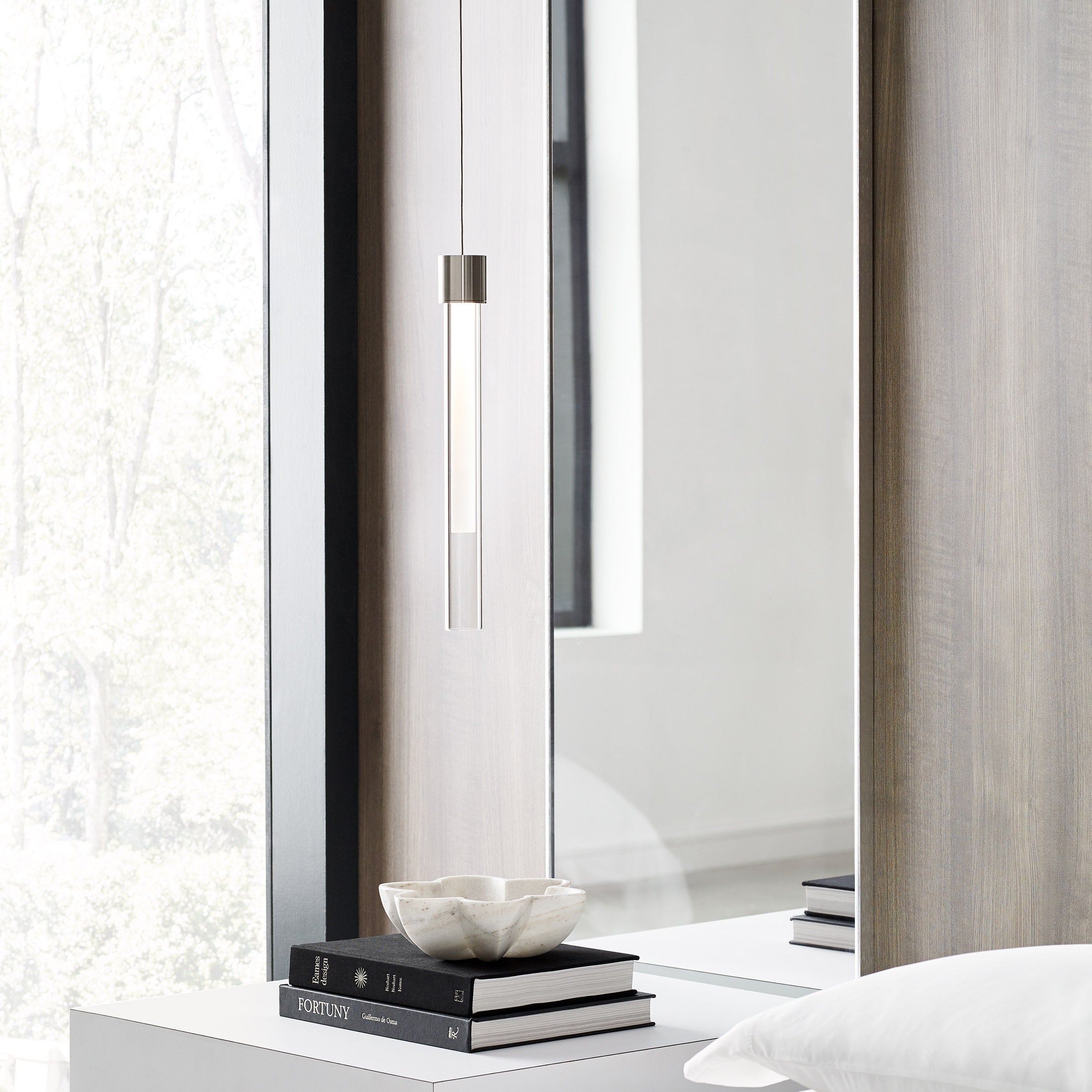Mini Linger Pendant | Satin Nickel | Outer Glass | inner acrylic Monopoint Bulb(s) Included