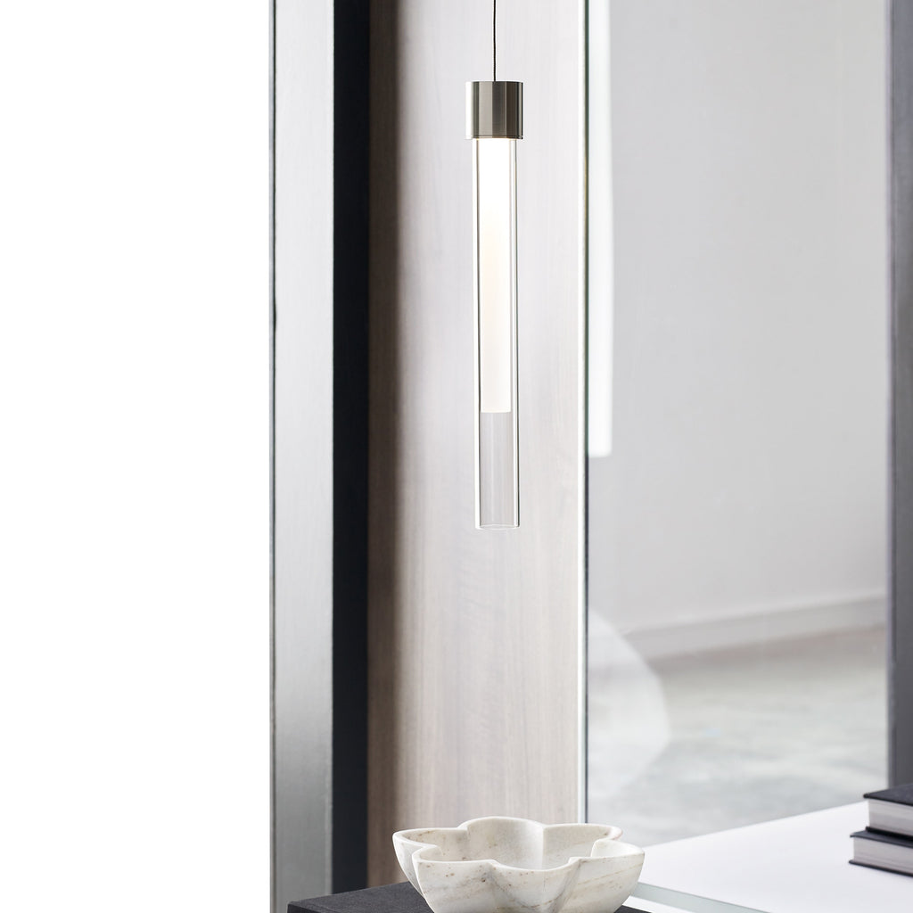 Mini Linger Pendant | Satin Nickel | Outer Glass | inner acrylic Monopoint Bulb(s) Included