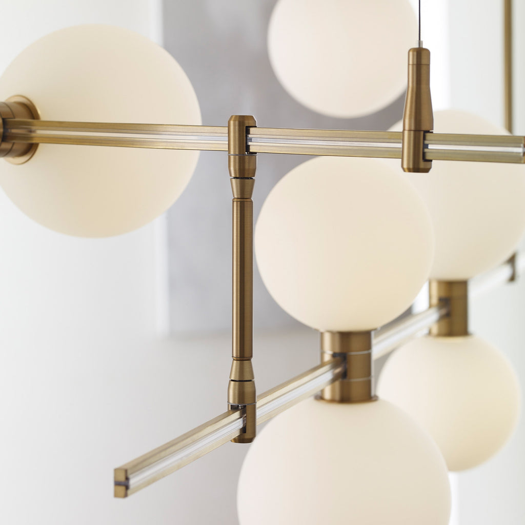 ModernRail Chandelier 2 Glass Orbs Aged Brass 3000K 90 CRI 24v surface canopy