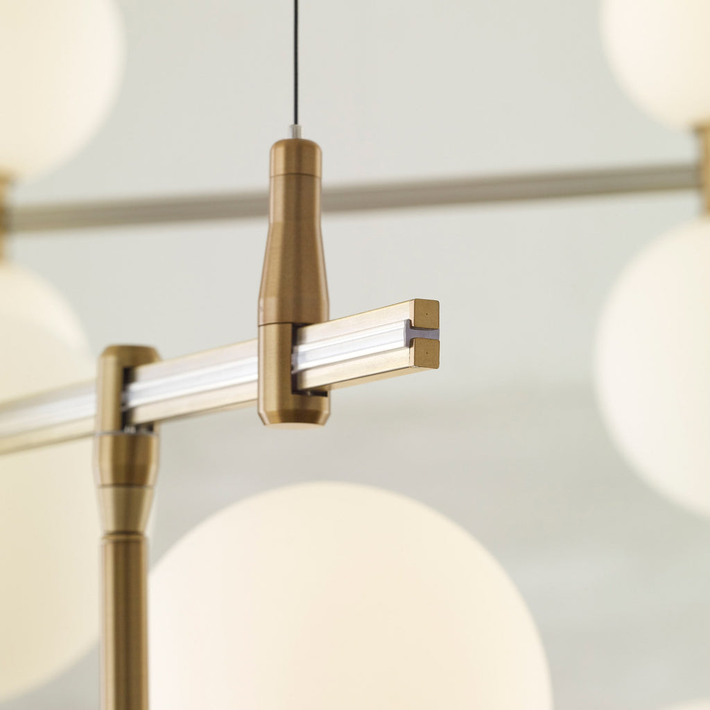 ModernRail Chandelier 2 Glass Orbs Aged Brass 3000K 90 CRI 24v surface canopy