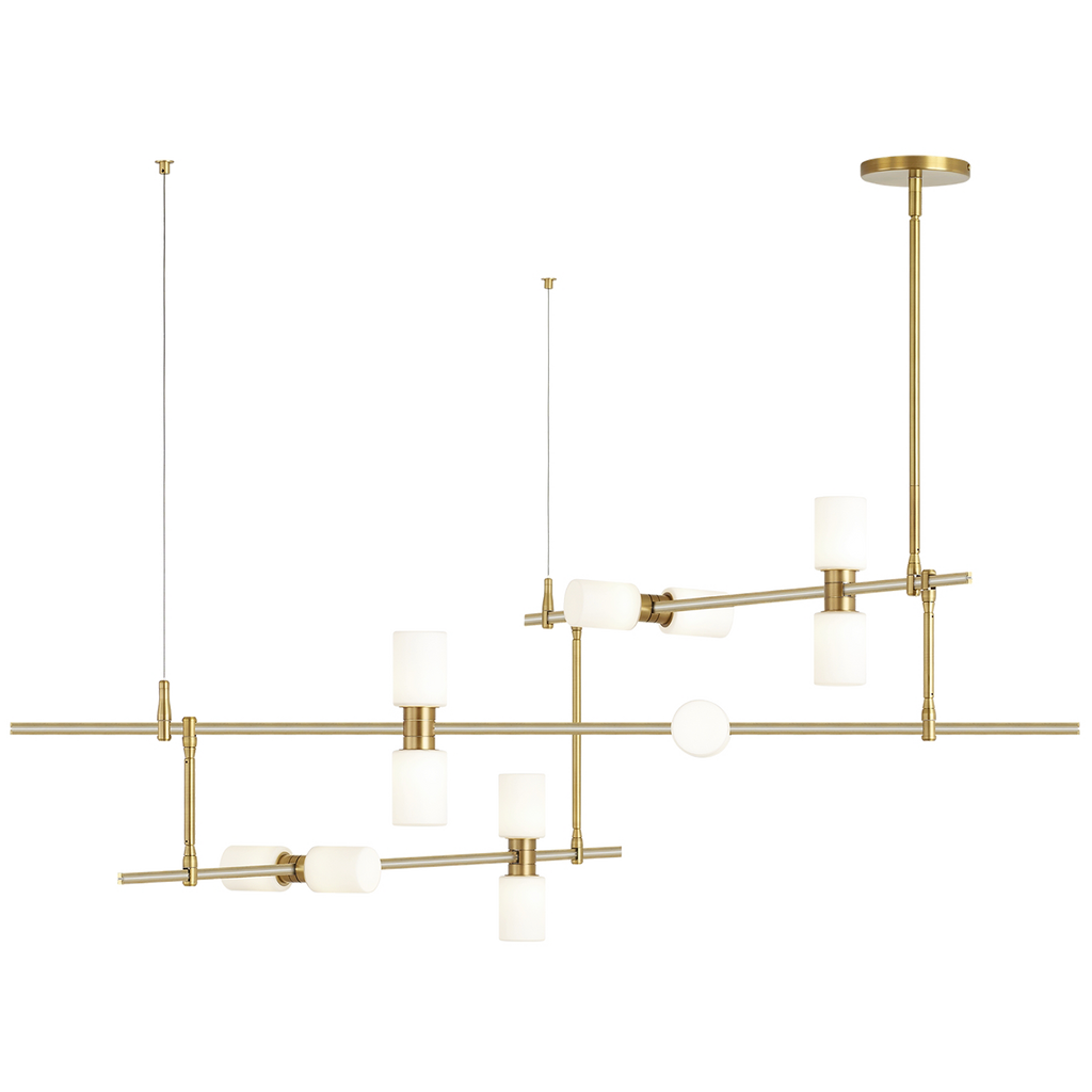 ModernRail Chandelier 2 Glass Cylinders Aged Brass 3000K 90 CRI 24v Remote