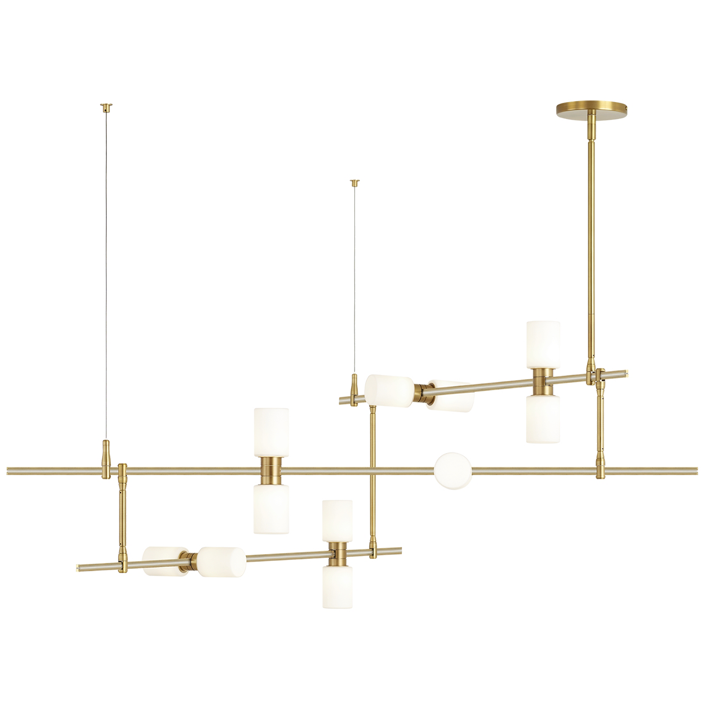ModernRail Chandelier 2 Glass Cylinders Aged Brass 3000K 90 CRI 24v Remote