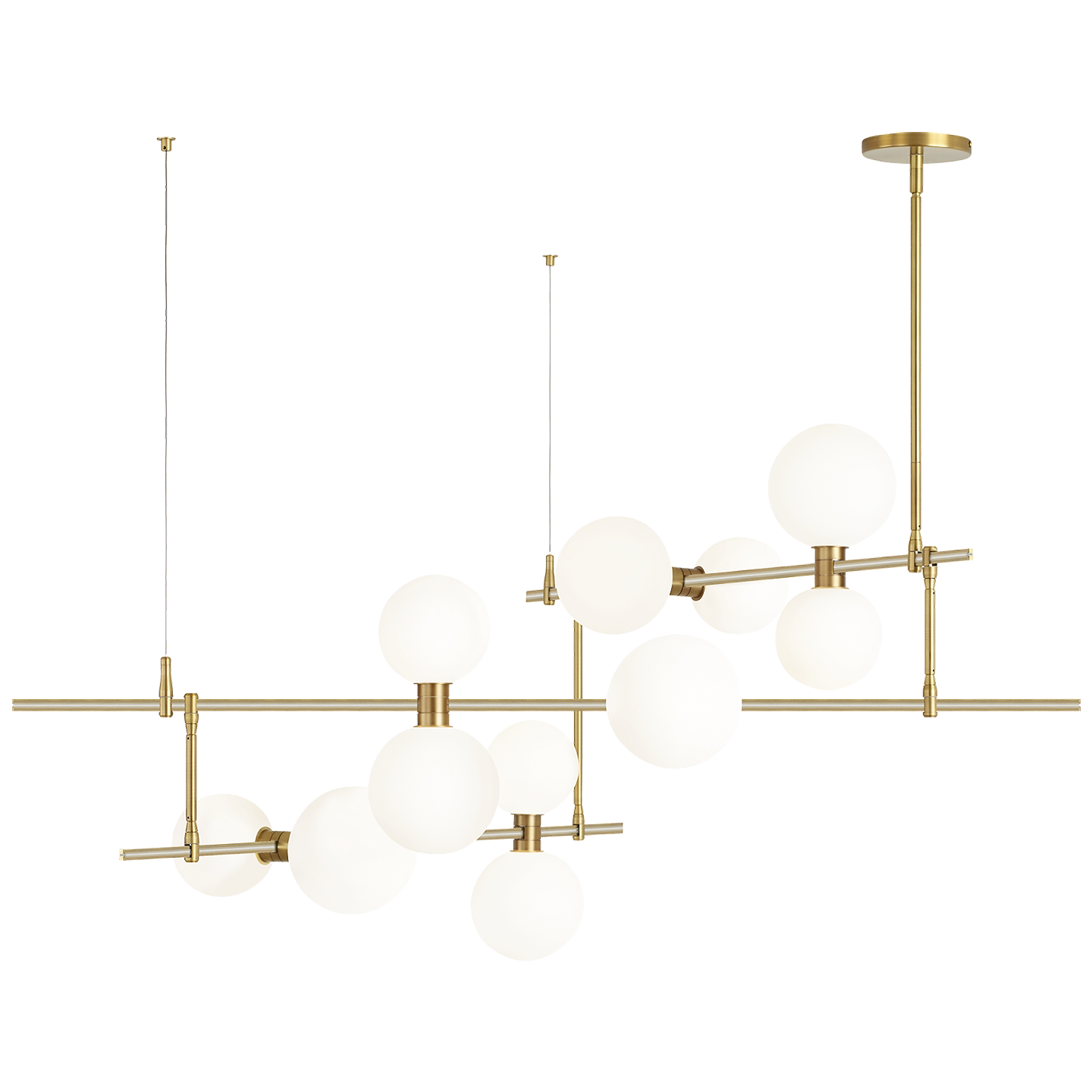 ModernRail Chandelier 2 Glass Orbs Aged Brass 3000K 90 CRI 24v surface canopy