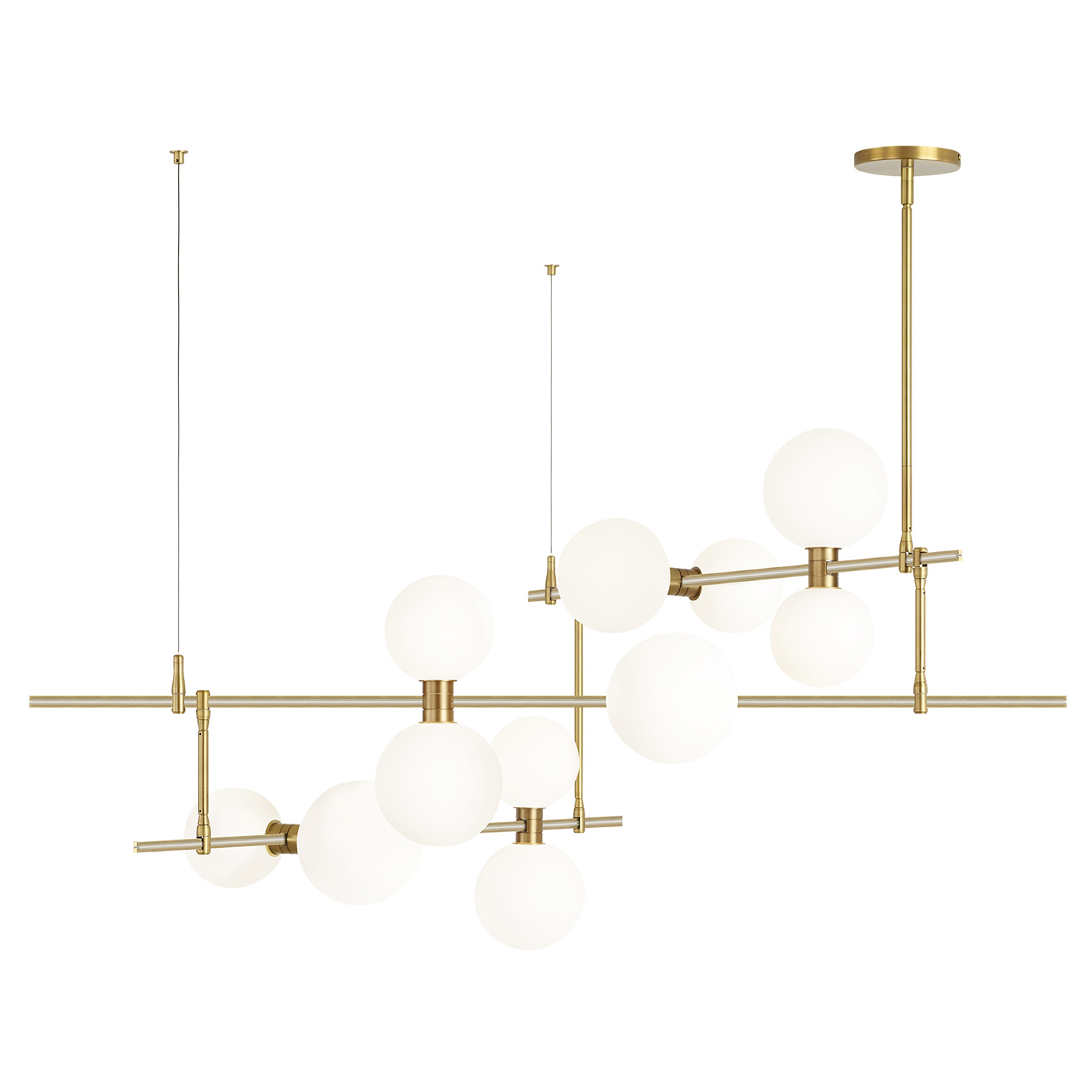 ModernRail Chandelier 2 Glass Orbs Aged Brass 3000K 90 CRI 24v surface canopy