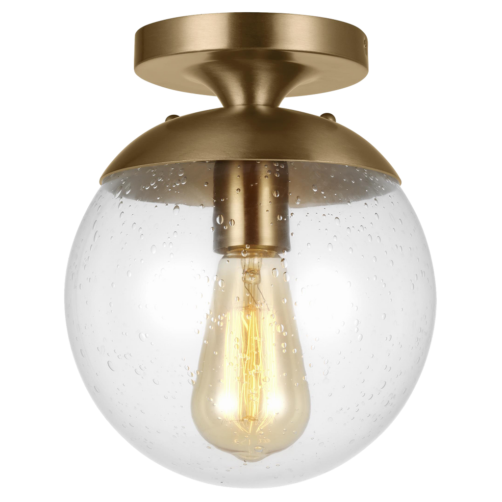 Leo Hanging Globe Flush Mount | Satin Brass | Clear Seeded Glass Bulb(s) Included