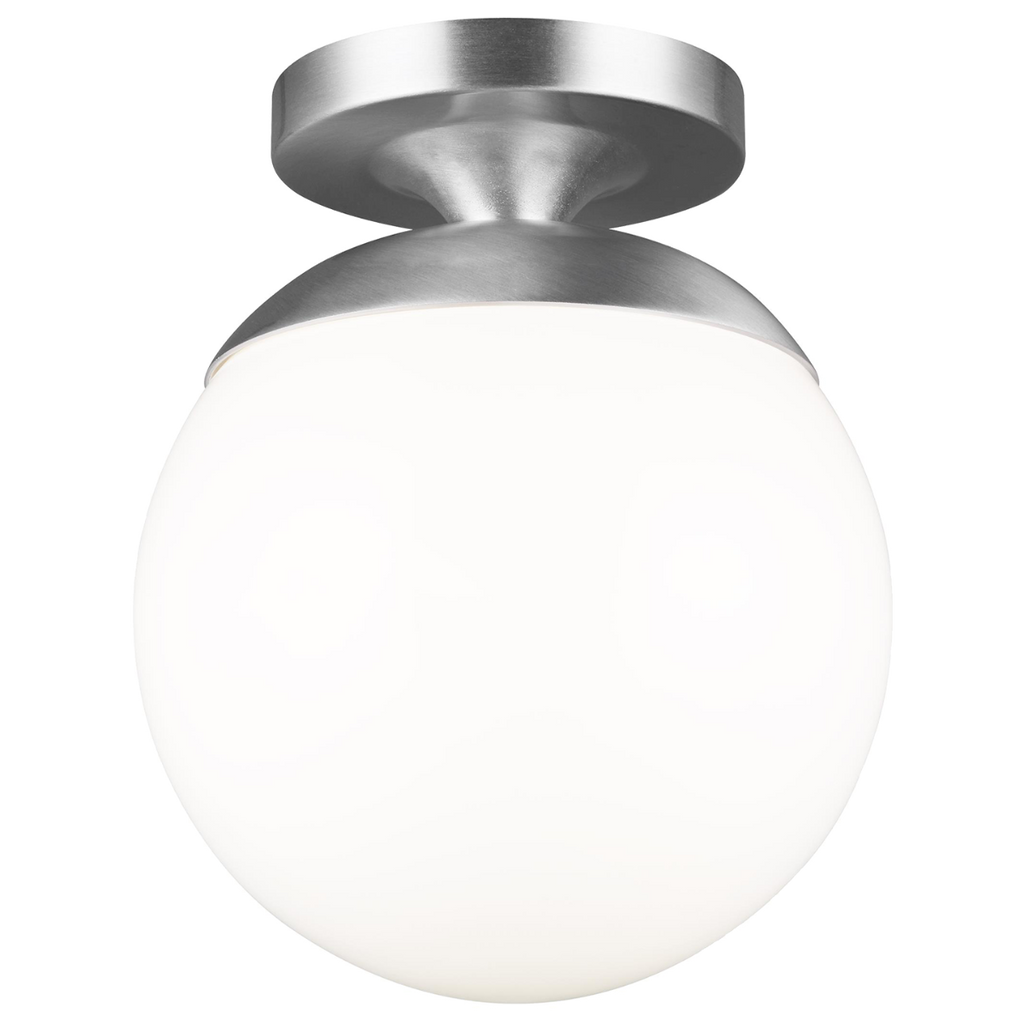 Leo Hanging Globe Flush Mount | Satin Aluminum | Smooth White Glass Bulb(s) Included