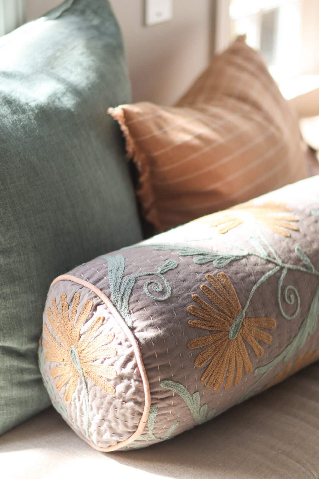Suzani Embroidered Kantha Bolster, Grey