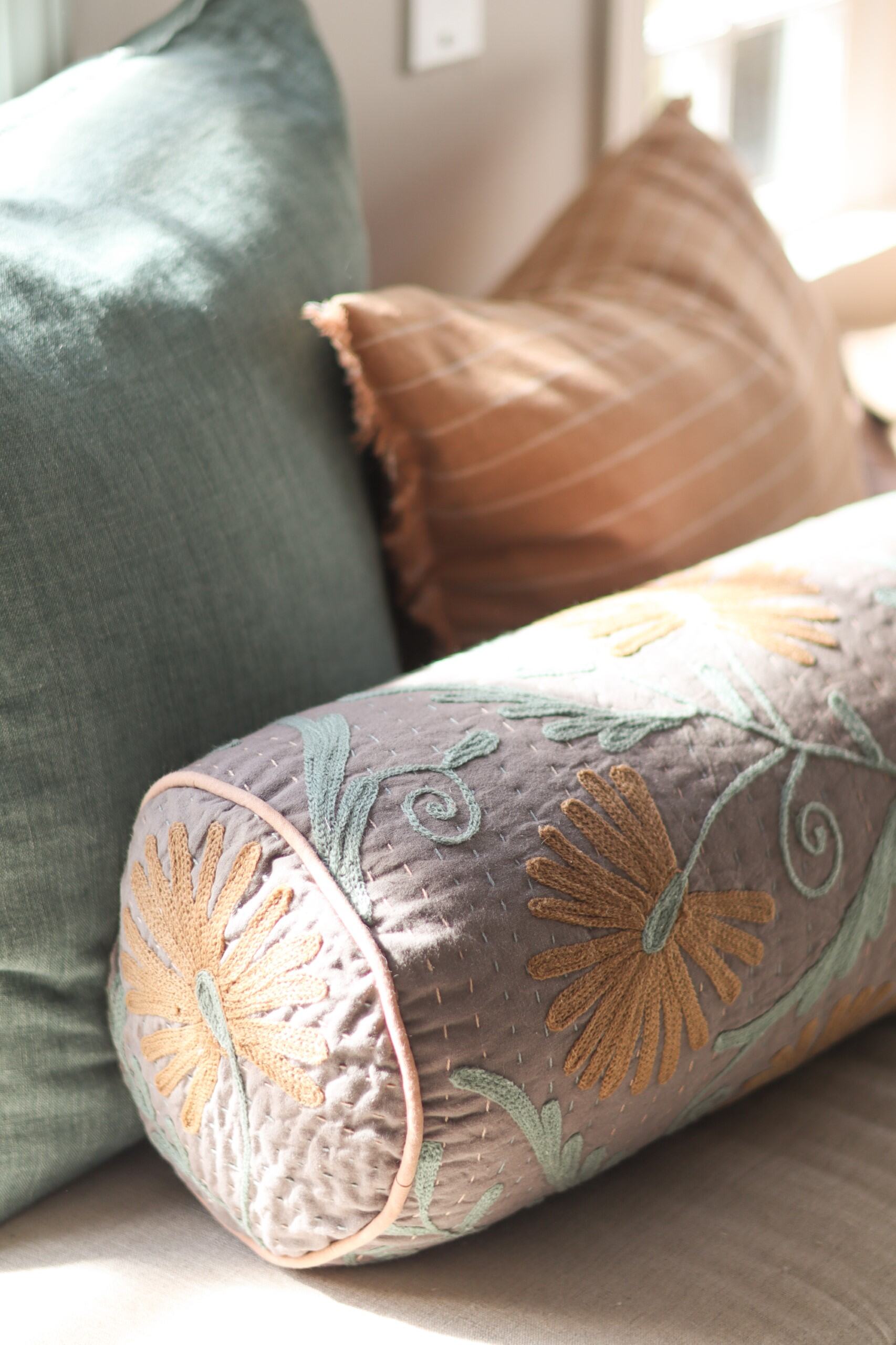 Suzani Embroidered Kantha Bolster, Grey