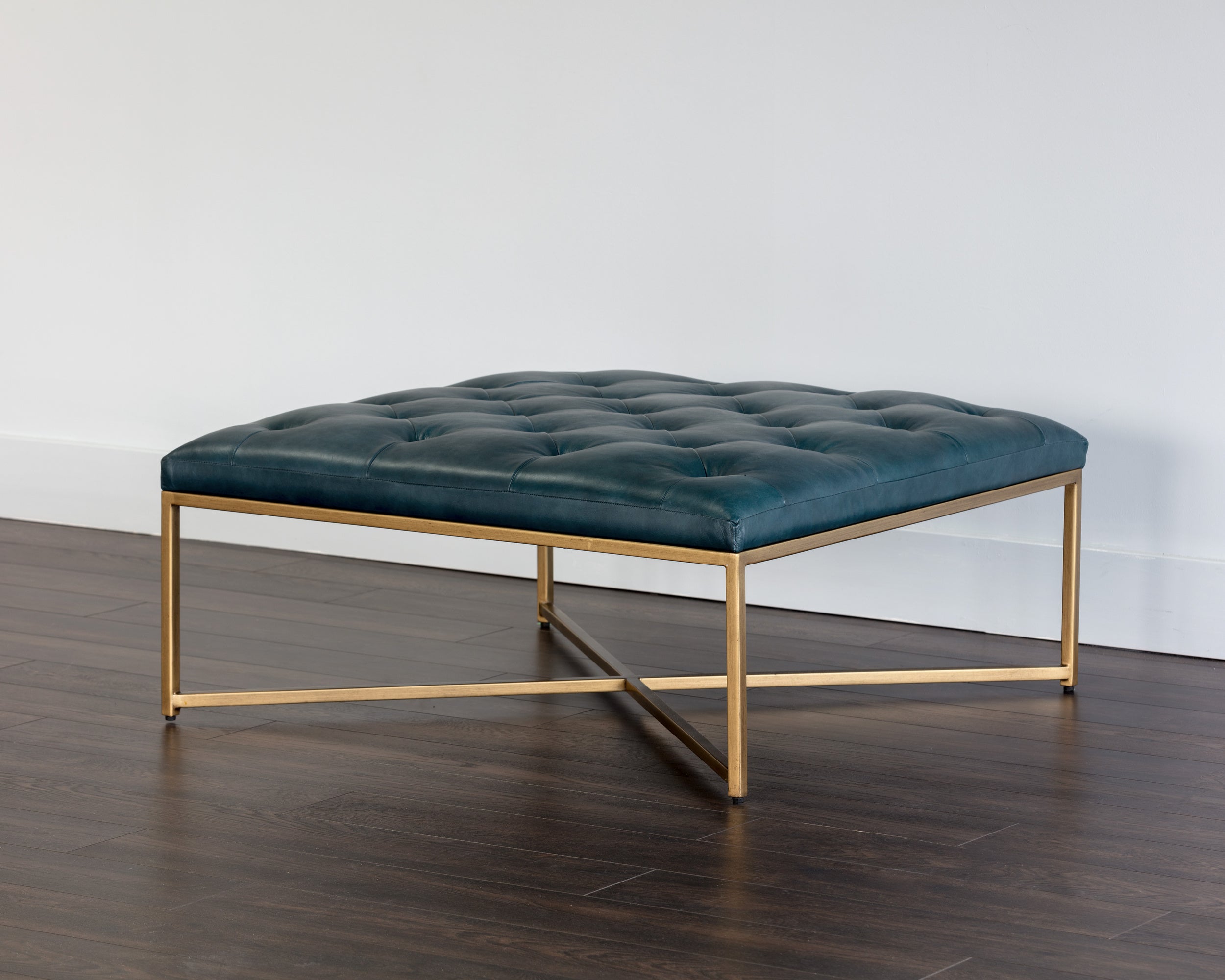 Endall Ottoman - Antique Brass - Vintage Peacock Leather